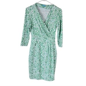 J. McLaughlin Green Geometric Print Faux Wrap Dress Catalina Cloth XS Stretch